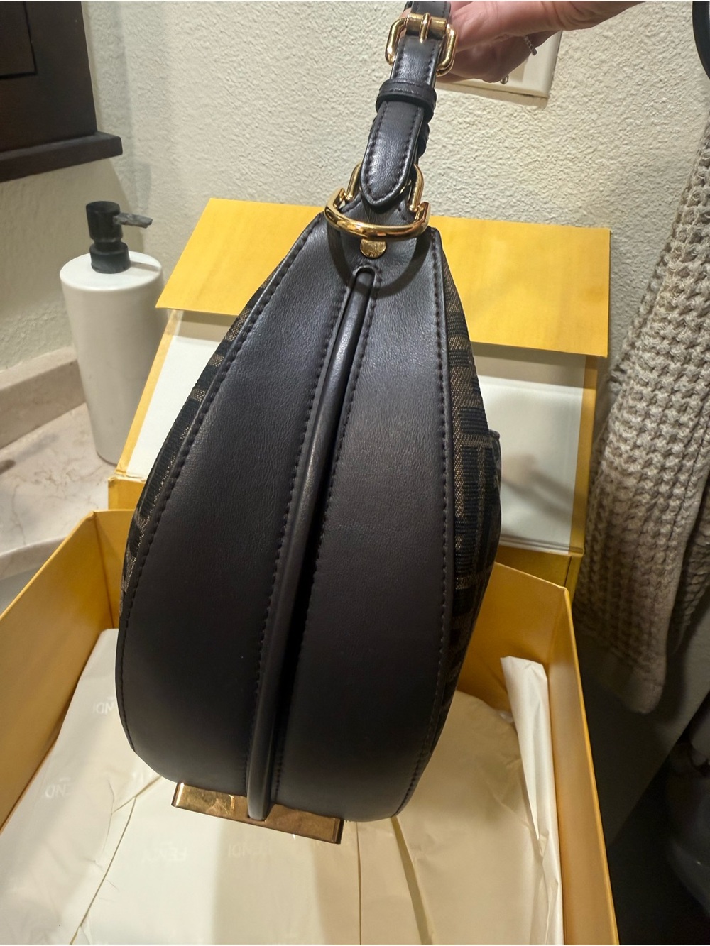 Fendi Brown and Black FF Logo Baguette Shoulder Bag with Gold Hardware - Picture 9 of 14